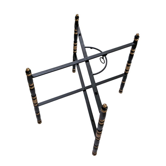 Late 20th Century Pair of Oval Tole Tray Tables With Folding Stands Chinoiserie Style Regency Black Gold Contemporary Décor For Sale - Image 4 of 5