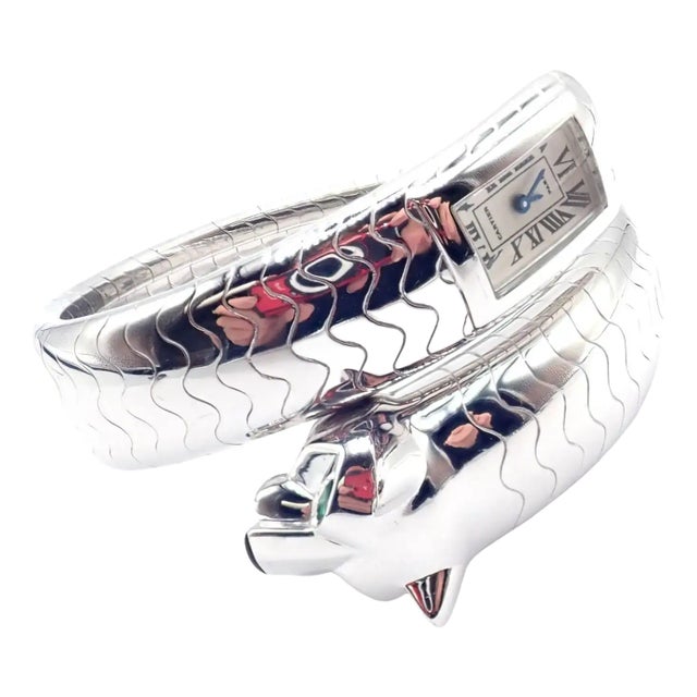 Mid 20th Century Cartier Panther Emerald Onyx Bangle Bracelet Quartz Wristwatch For Sale