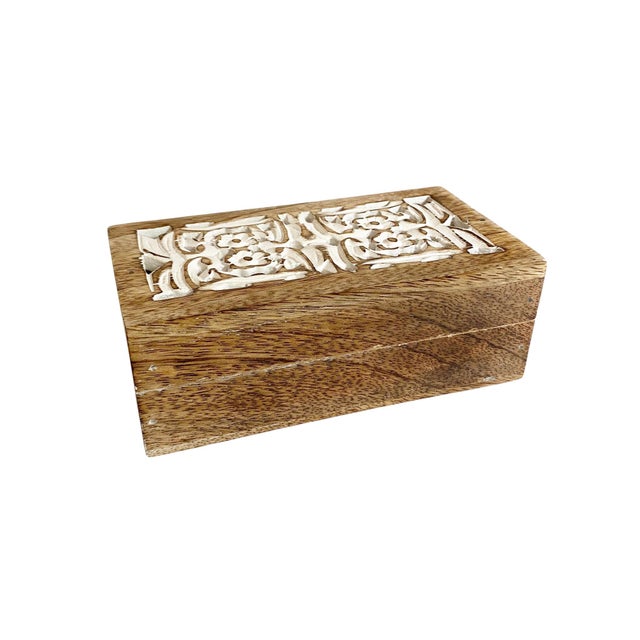 Boho Chic Vintage Wood Carved Floral Inlay Jewelry Trinket Box Hand Made in India For Sale - Image 3 of 5