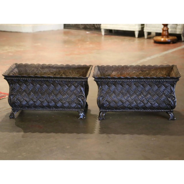Pair of 19th Century French Polished Iron Jardinières With Basket Weave Decor For Sale - Image 4 of 11