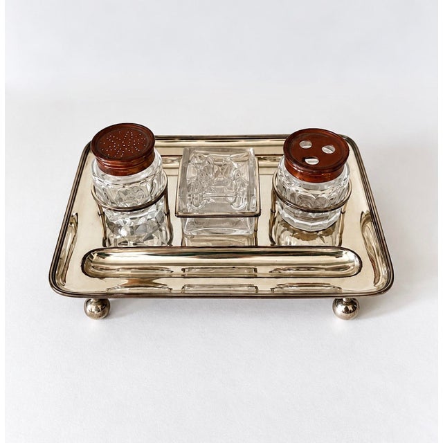 Georgian old Sheffield plate three bottle partner desk set inkwell. Rectangular frame is suspended on bracket and ball...