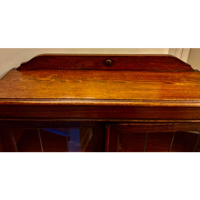 Wood Antique Queen Anne Style Oak Bookcase With Leaded Glass Doors, C. 1910 For Sale - Image 7 of 9