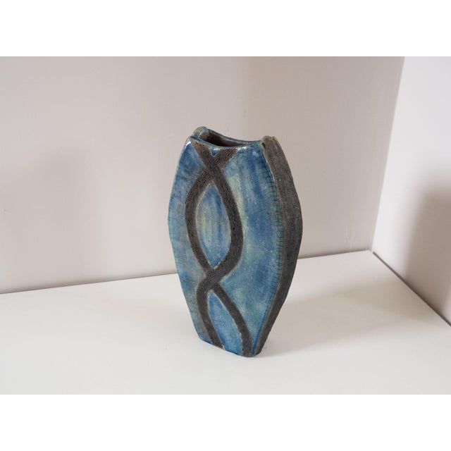 Vintage Handmade Blue Glazed Textured Vase, 1980s For Sale - Image 3 of 5