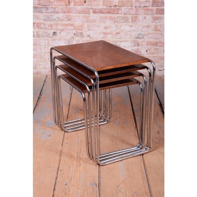 Nesting Tables in Oak and Chrome by M. Breuer for Thonet, Czech, 1920s, Set of 4 For Sale - Image 10 of 15