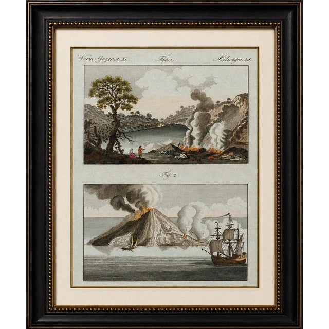 Original antique print of volcanic eruptions and ships by bertuch, c. 1800 original antique hand-colored copper engraving...