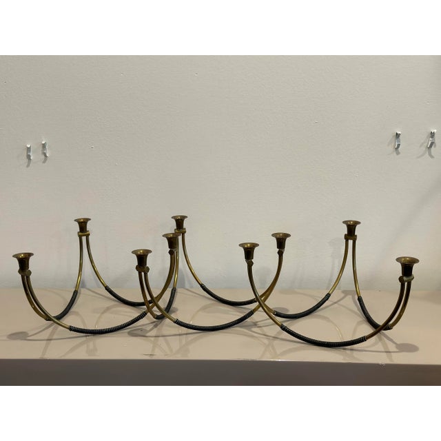 Four Mid-Century Modern Brass and Leather Candelabra For Sale - Image 9 of 12
