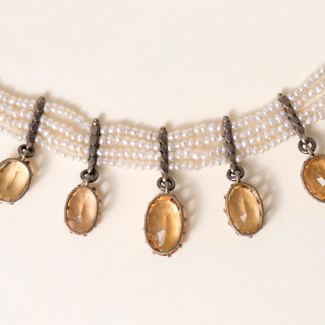 Late 19th Century 1890s Victorian 28 Carats Imperial Topaz and Pearl Choker Necklace Gold Silver For Sale - Image 5 of 6