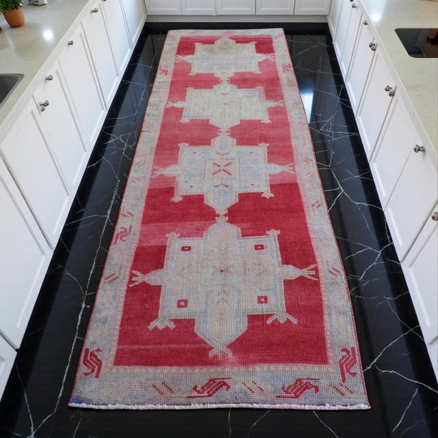 Contemporary 1970s Red Kurdish Herki Hand-Knotted Distressed Runner Hallway Decor For Sale - Image 3 of 13