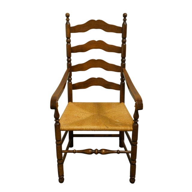 American Ethan Allen Heirloom Nutmeg Maple Colonial Early American Ladderback Rush Seat Dining Arm Chair For Sale - Image 3 of 9