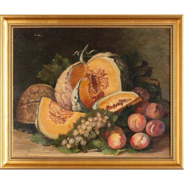 French School Artist, Still Life with Melon & Peaches, Oil Painting on Canvas, Early 20th Century, Framed For Sale - Image 6 of 9