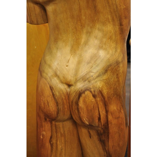 Vintage Mid Century Modern 60" Life-Size Nude Male Carved Wood Statue Sculpture For Sale - Image 11 of 14