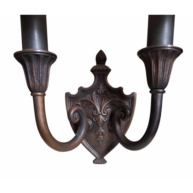 Pair of Patinated Bronze Shield Back Light Sconces by 20th Century Lighting For Sale - Image 4 of 5