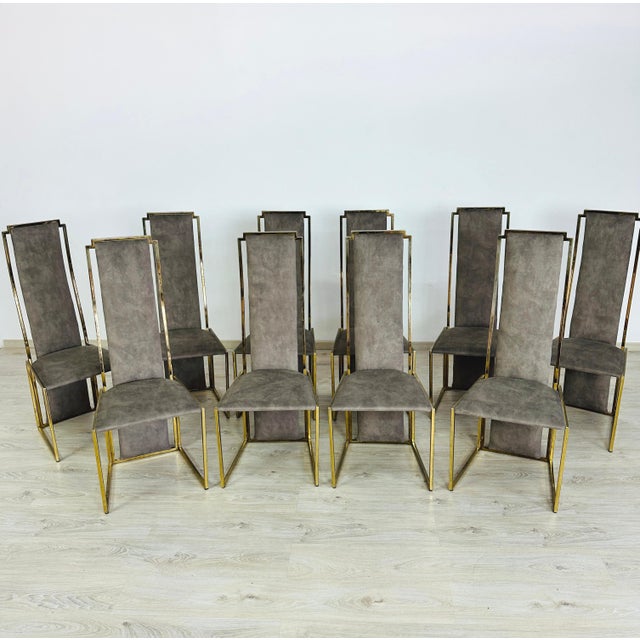 Dimensions: H 44” x W 18.5” x D 18” x SH 19.5” Set of 10 Vintage high-back dining chairs attr. to Maison Jansen in gray...