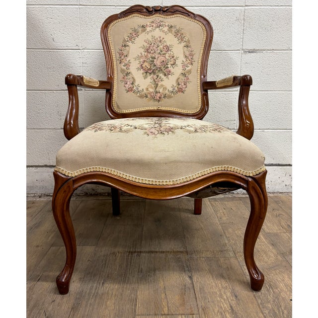 French Vintage French Louis XV Regency Style Carved Needlepoint Upholstered Armchair For Sale - Image 3 of 12