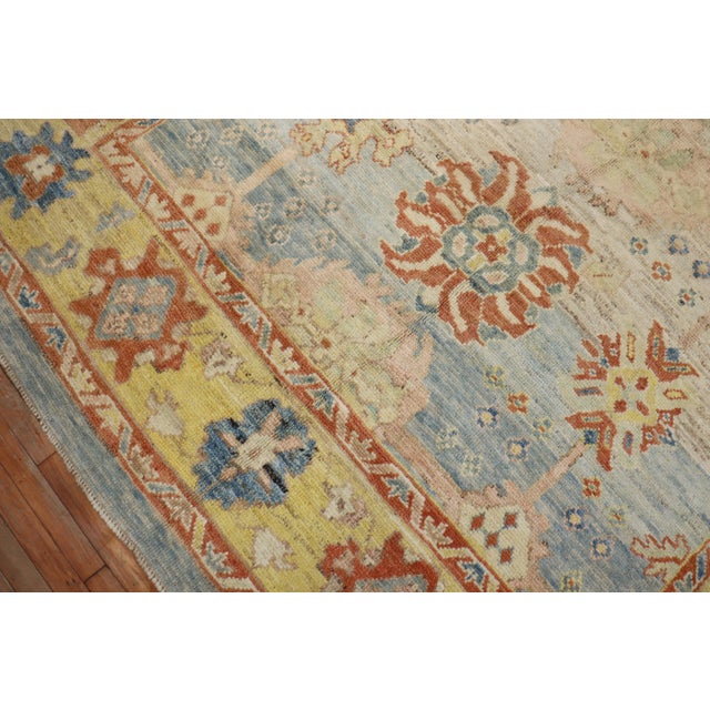 Textile Early 21st Century Zabihi Collection Stunning Turkish Blue Yellow Oushak Rug - 8'3" x 9'5" For Sale - Image 7 of 12