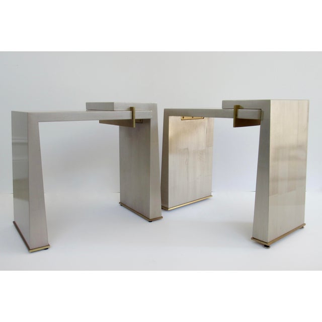 C.1990's Thomas Pheasant(Designer) for Baker Furniture Co. (Mfr.) -Platinum Silver Leaf & Bronze Modernist "Stratum" Side/Occ. Tables -Pair For Sale - Image 10 of 18