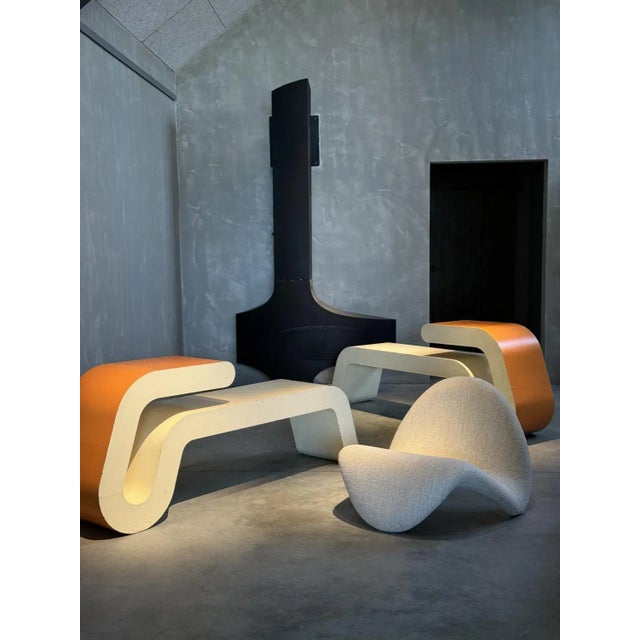 A Rare Pair of 1970s 'Space Age' Console Tables in original cream and orange lacquered laminate. Of good heavy...