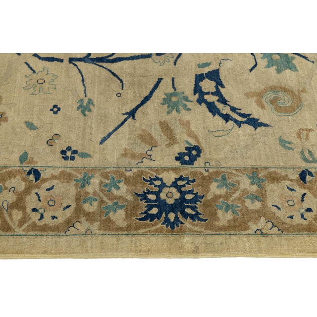 2020s Vintage Tabriz Style Wool Area Rug – Neutral Persian Design With Indigo Accents For Sale - Image 5 of 11