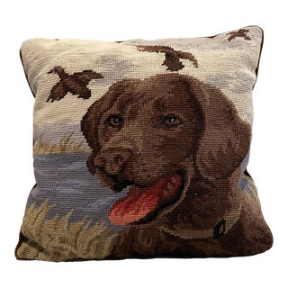 Vintage Needlepoint Accent Pillow Hunting Dog, Duck Hunt, Fox Hunt, Labrador For Sale