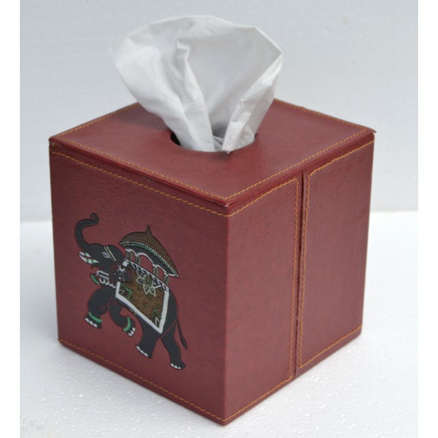Textile Late 20th Century Burgundy Embossed Leather Elephant Tissue Box Kleenex Cover For Sale - Image 7 of 18
