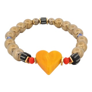 Murano Glass Yellow Heart Gold Hematite Stone Beaded Bracelet For Sale