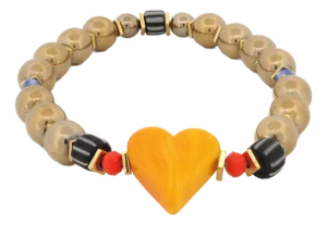 Murano Glass Yellow Heart Gold Hematite Stone Beaded Bracelet
