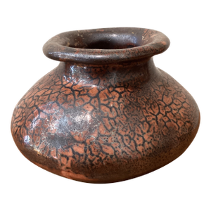 Vintage Asian Crackled Textured Glaze Fat Lova Pottery Vasa Signed Dated