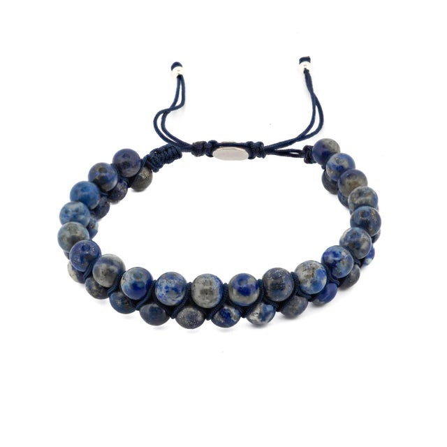 Metal Lapis Lazuli Stone Two Row Beaded Woven Striking Bracelet For Sale - Image 7 of 10