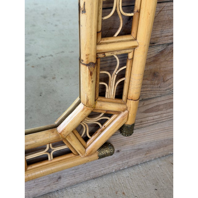 Chinoiserie Monumental Maitland-Smith Chinoiserie Style Rattan Wall Mirror With Geometric Fretwork For Sale - Image 3 of 11
