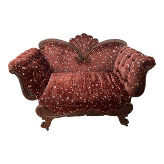 Antique Victorian Upholstered Loveseat With Drop Arm Sides For Sale