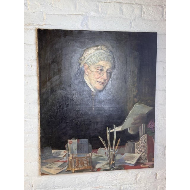 Antique 1903 Oil Portrait Painting Elderly Woman Reading Letter 25” X 30” For Sale - Image 4 of 12