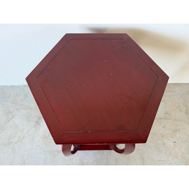 Wood Baker Furniture Chinoiserie Style Red Lacquer Hexagonal Side Table For Sale - Image 7 of 12