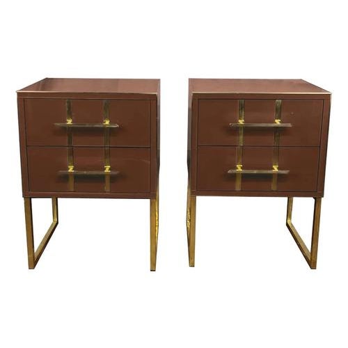 Brown Glass Bedside Tables with Brass and Grey Velvet by Justfurnituress, Set of 2 For Sale - Image 6 of 6