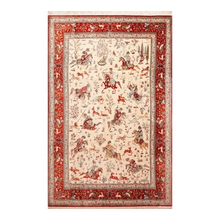 Nazmiyal Collection Hunting Scene Persian Silk Qum Rug For Sale