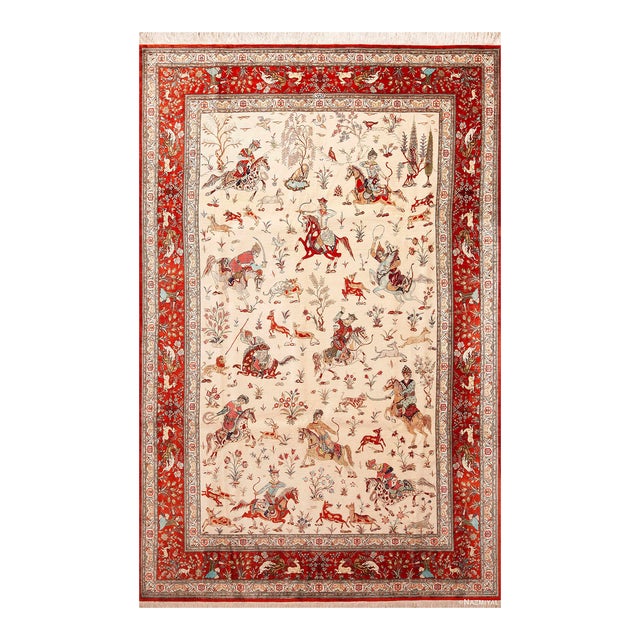 Nazmiyal Collection Hunting Scene Persian Silk Qum Rug For Sale