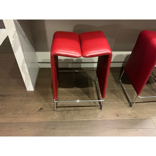 Contemporary Red Leather Barstools Attributed to B&b Italia For Sale - Image 3 of 5