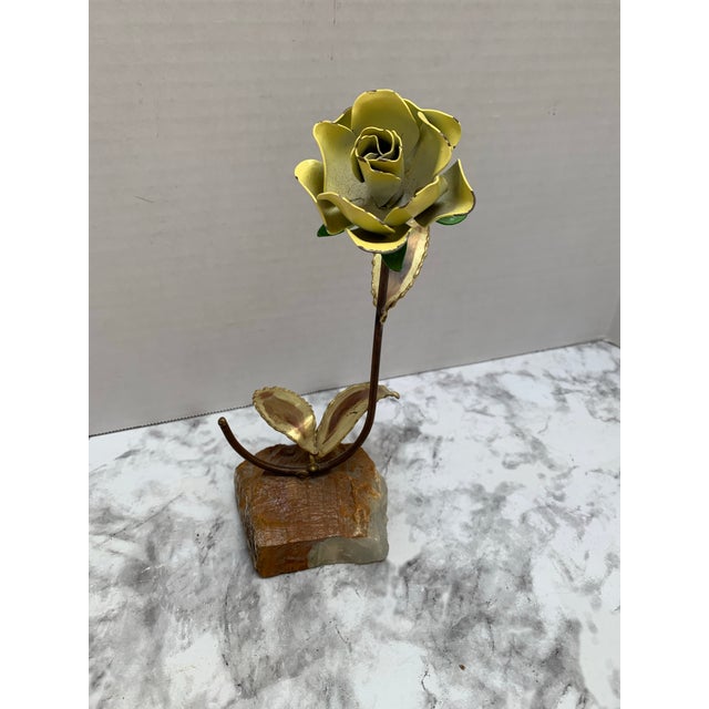 Farmhouse Vintage Midcentury Sculptural Decor Metal Yellow Rose For Sale - Image 3 of 7