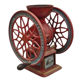 Late 19th Century Swift Mill Lane Red & Blue Cast Iron Victorian Coffee Mill Grinder With Drawer For Sale