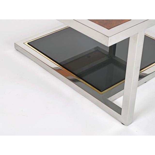 Brown Coffee Table in Chrome, Brass, Burl Wood, and Smoked Glass, Italy, 1970s For Sale - Image 8 of 16
