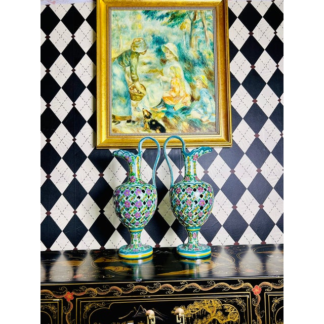 Pair Signed J. Leonardo Portuguese Hand-Painted Reticulated Ceramic Ewers, 15" For Sale - Image 11 of 17