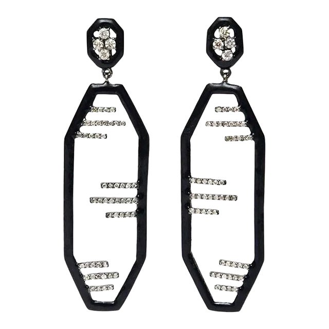 Vintage Art Deco English Black Enamel, Diamond and Sterling Silver Dangle Earrings For Sale