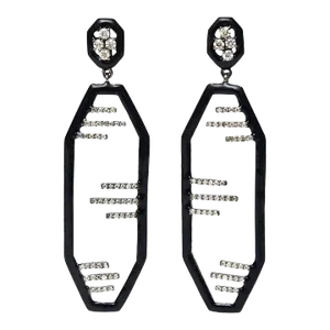 Vintage Art Deco English Black Enamel, Diamond and Sterling Silver Dangle Earrings