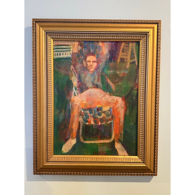 Vintage impressionistic, hazy portrait of a man relaxing on a lawn chair. Oil on canvas. Beautiful luminous greens. Signed...