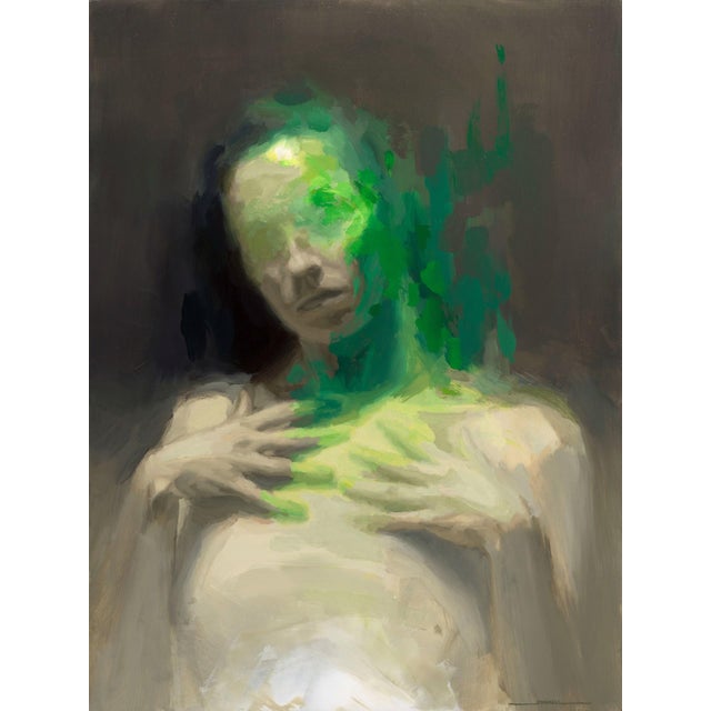 Seed by Josh Sorrell | Oil on Panel Abstract figure with green hues and blurred features. For Sale