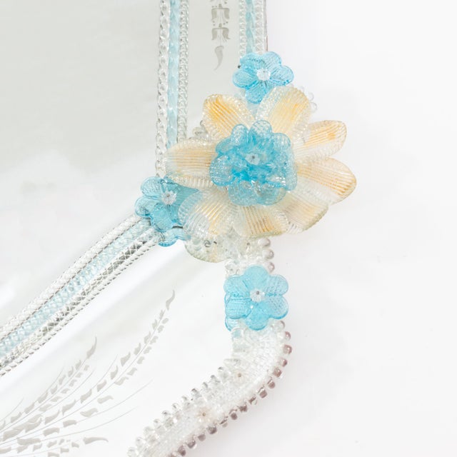 49-Inch Mid-Century Venetian/Murano Mirror With Turquoise Gold Infused Flowers For Sale - Image 18 of 18