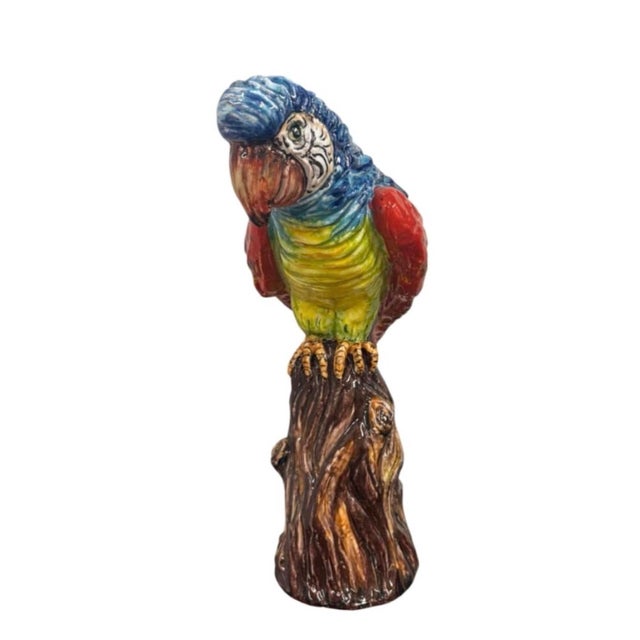 Vintage Italian Majolica Glazed Ceramic Parrot / Macaw Figurine on Tree Stump Base For Sale In West Palm - Image 6 of 12