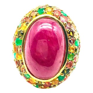 Bochic "Orient" Vintage Ruby, Sapphire & Emerald Ring Set In 18K Gold & Silver For Sale