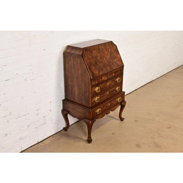 Mount Airy Furniture Company Queen Anne Burled Walnut Drop Front Secretary Desk by National Mt. Airy, Circa 1960s For Sale - Image 4 of 14