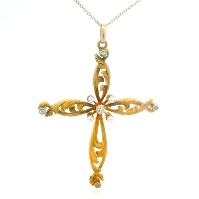 Gold Antique 1900s 18k Gold Cross Pendant With Diamonds & Pearls For Sale - Image 8 of 10