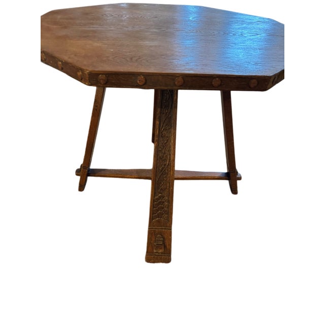 Coffee Early 20th Century Antique Solid Oak Wood Octagonal Shaped Dining Table With Three Chairs For Sale - Image 8 of 12